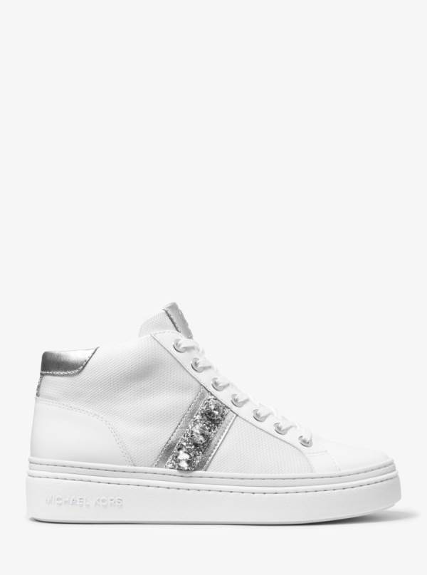 Damske Tenisky Michael Kors Chapman Embellished Leather and Canvas High-Top Biele - Topanky Michael Kors Vypredaj | HXCYW-2576